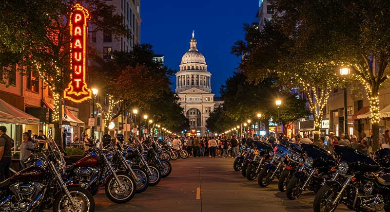 Motorcycles parked on a street at night during ROT Rally, with the Texas State Capitol in the background